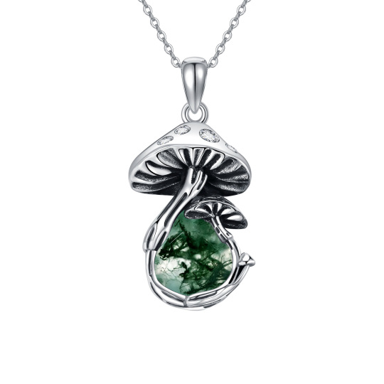 Sterling Silver Moss Agate Mushroom Pendant Necklace