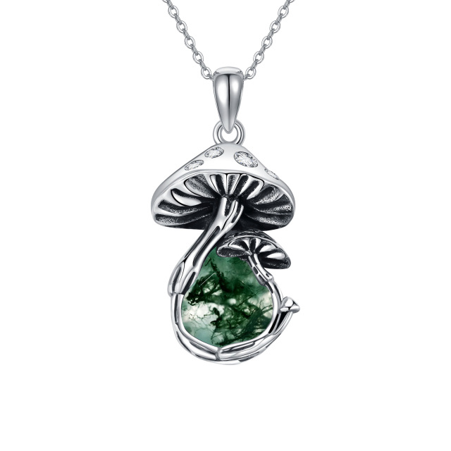 Sterling Silver Moss Agate Mushroom Pendant Necklace-1