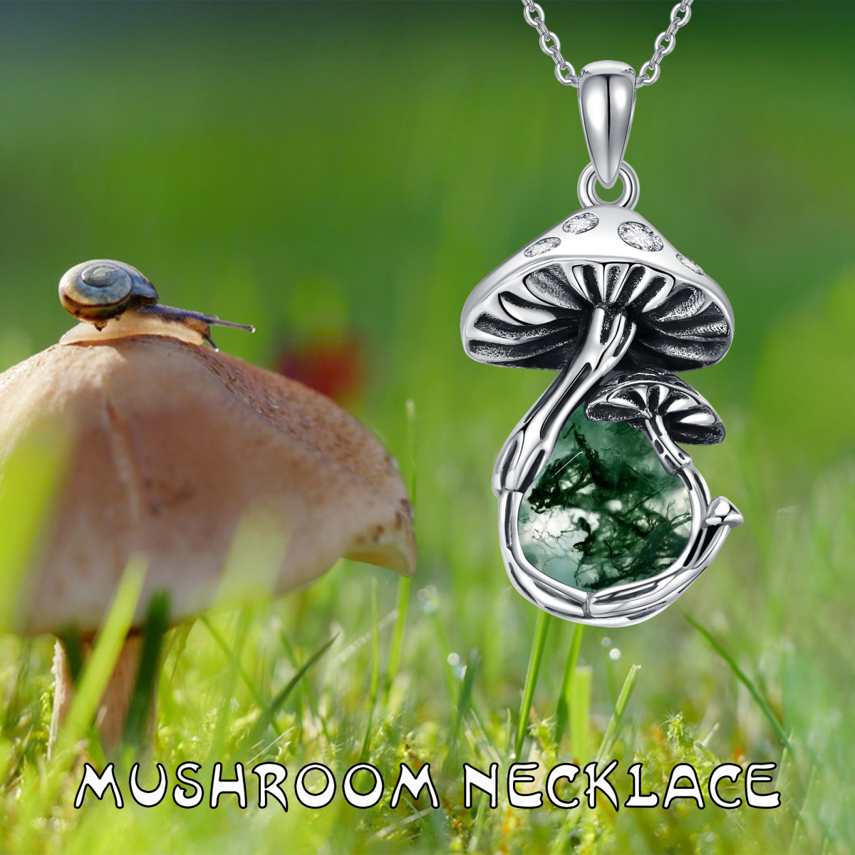 Sterling Silver Moss Agate Mushroom Necklace for Women Men-6