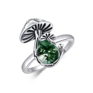 Sterling Silver Moss Agate Mushrooms Ring-22