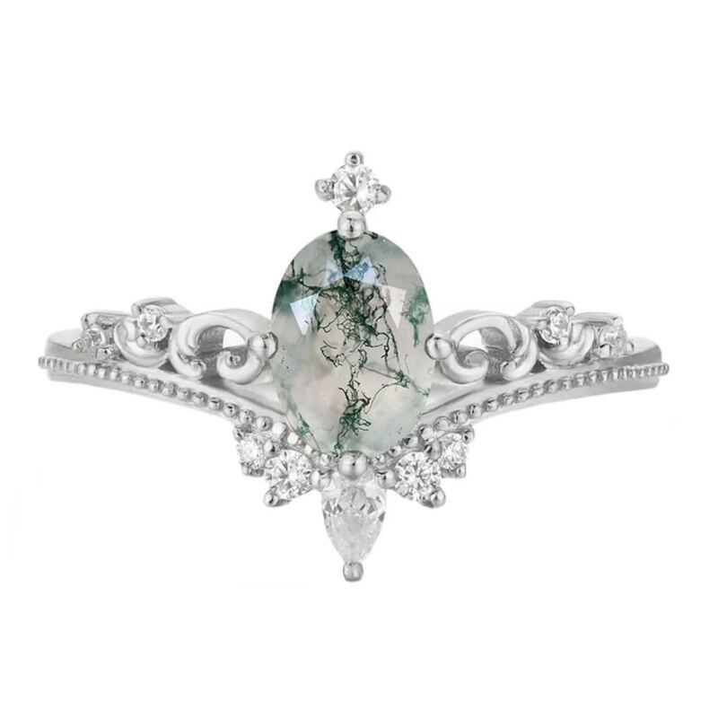 Sterling Silver Moss Agate Olive Branch Bridal Engagement Ring-12