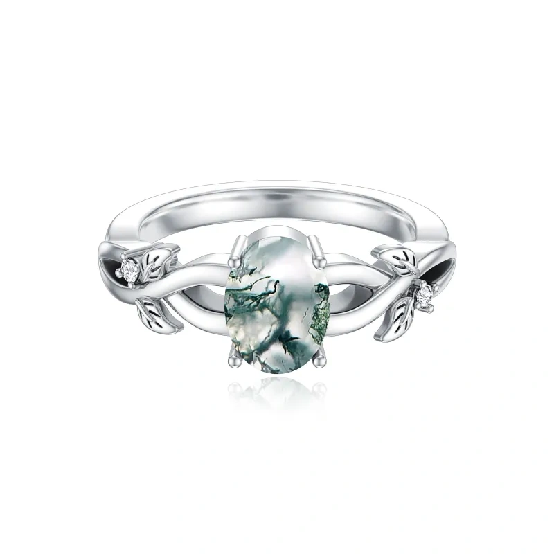 Sterling Silver Moss Agate Olive Branch Ring-7