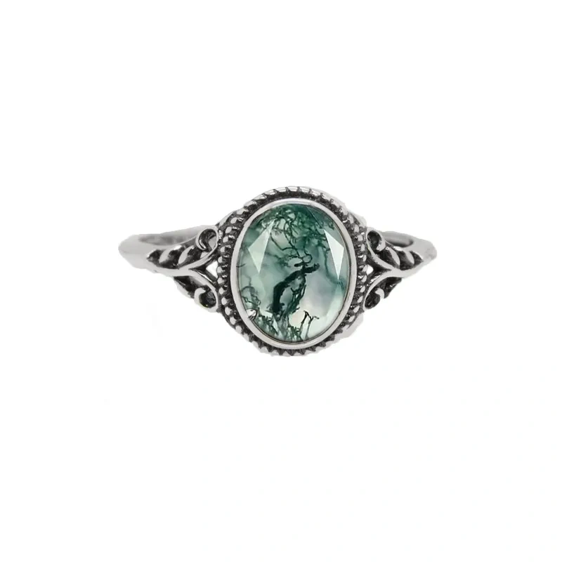 Sterling Silver Moss Agate Oval Shaped Ring-9