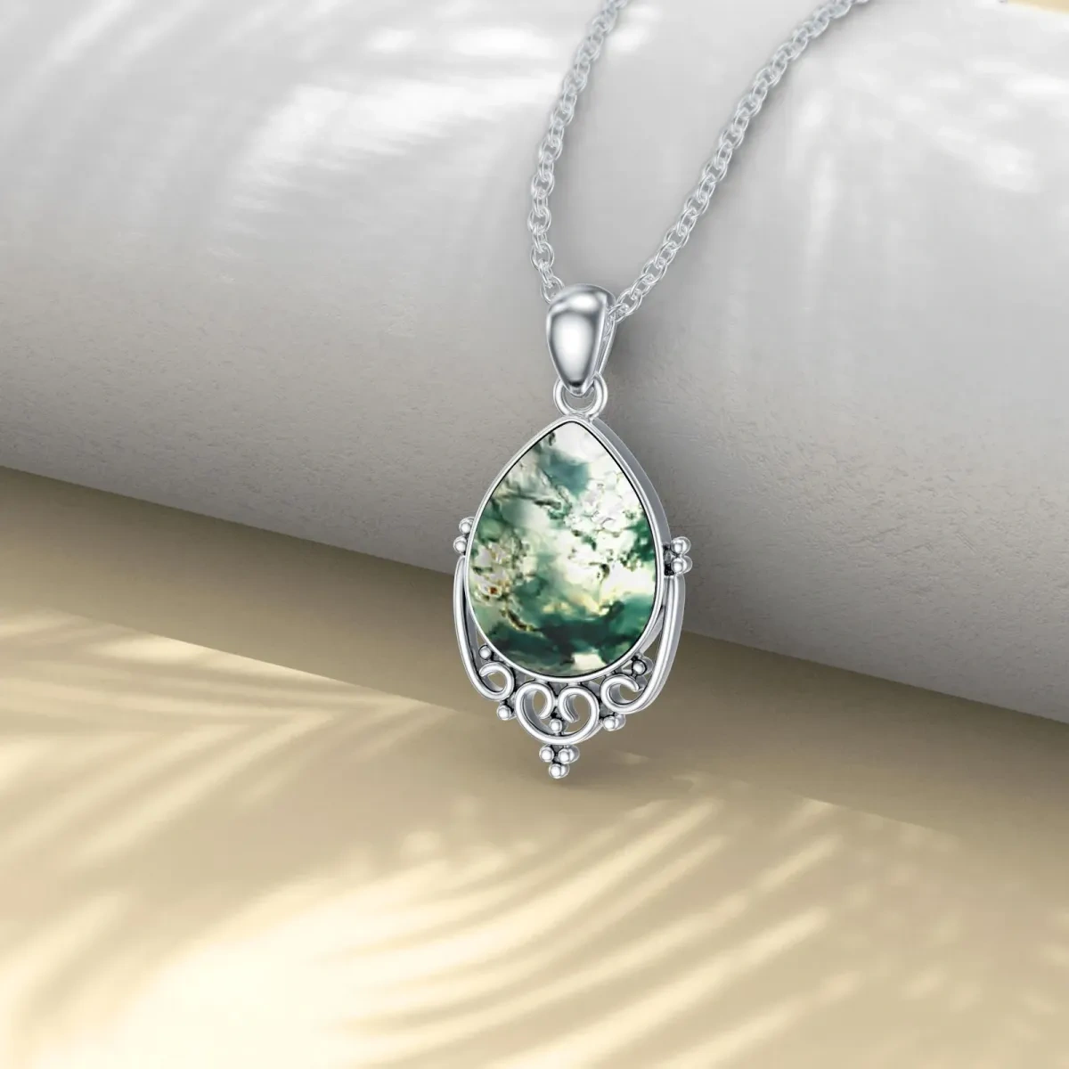 Sterling Silver Moss Agate Pendant Necklace-3