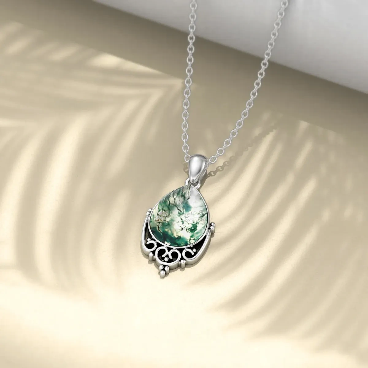 Sterling Silver Moss Agate Pendant Necklace-4