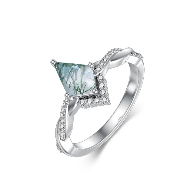 Bague de fiançailles de couple avec gravure personnalisée en argent sterling et agate mousse-1