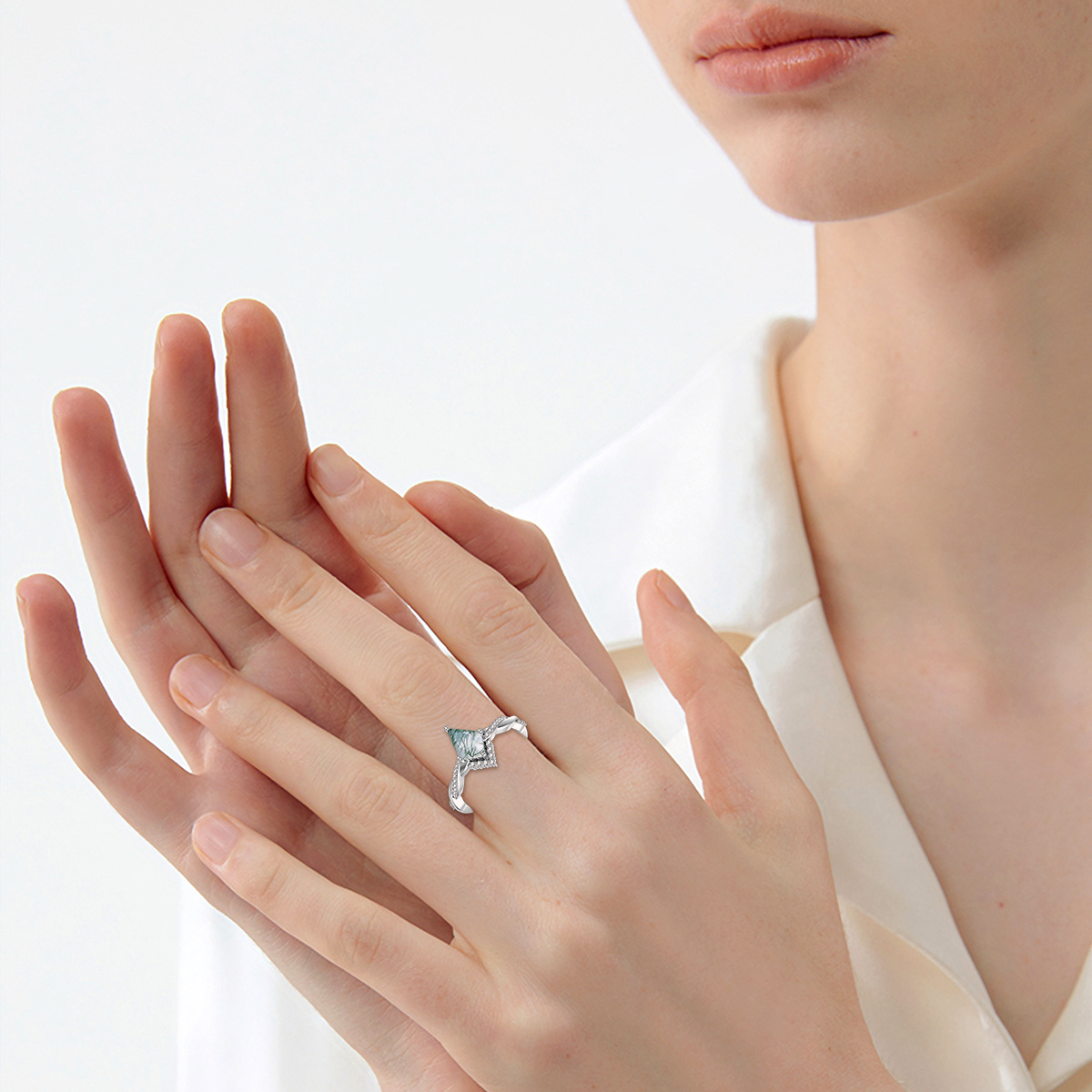 Bague de fiançailles de couple avec gravure personnalisée en argent sterling et agate mousse-2