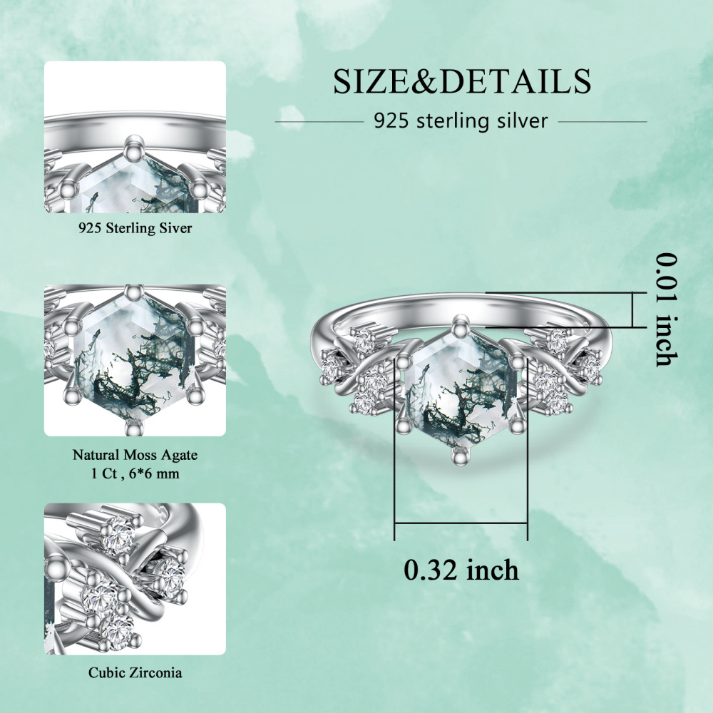 Sterling Silver Moss Agate Personalized Engraving & Couple Ring-7
