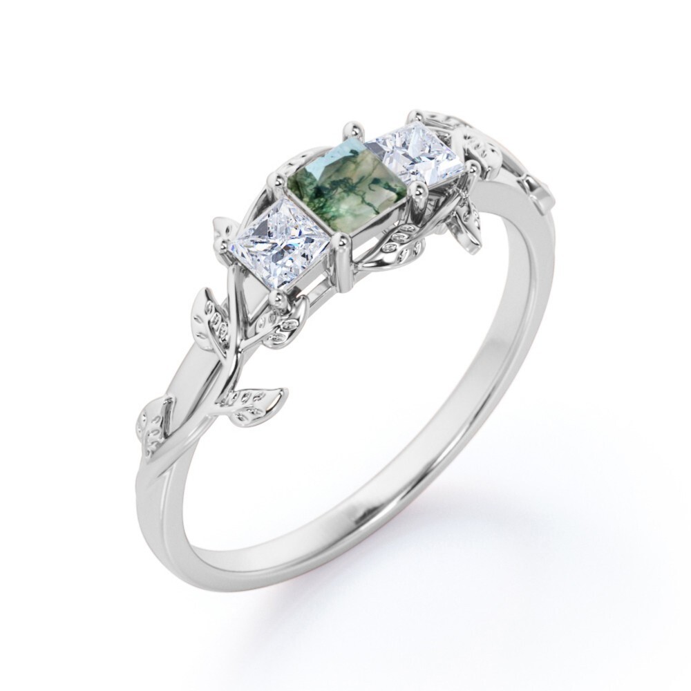 Anillo de compromiso de plata de ley con hojas grabadas personalizadas y ágata musgosa-1
