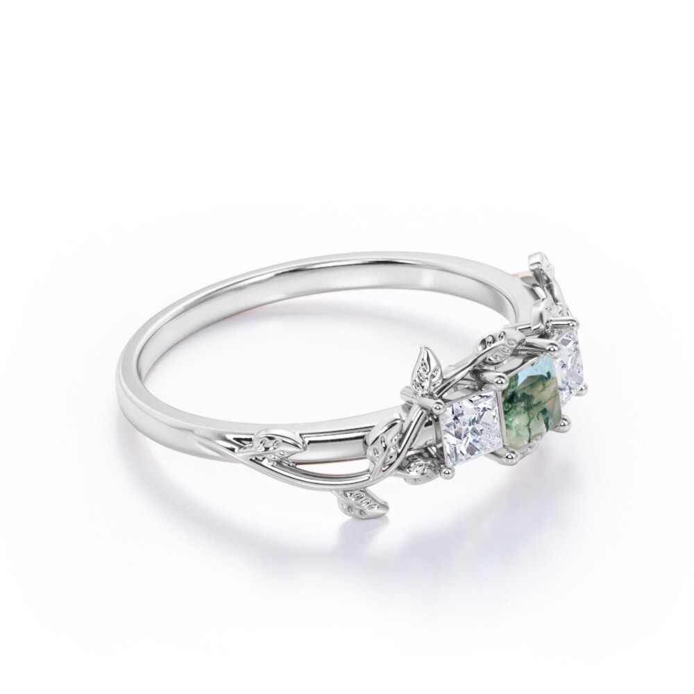 Anillo de compromiso de plata de ley con hojas grabadas personalizadas y ágata musgosa-2