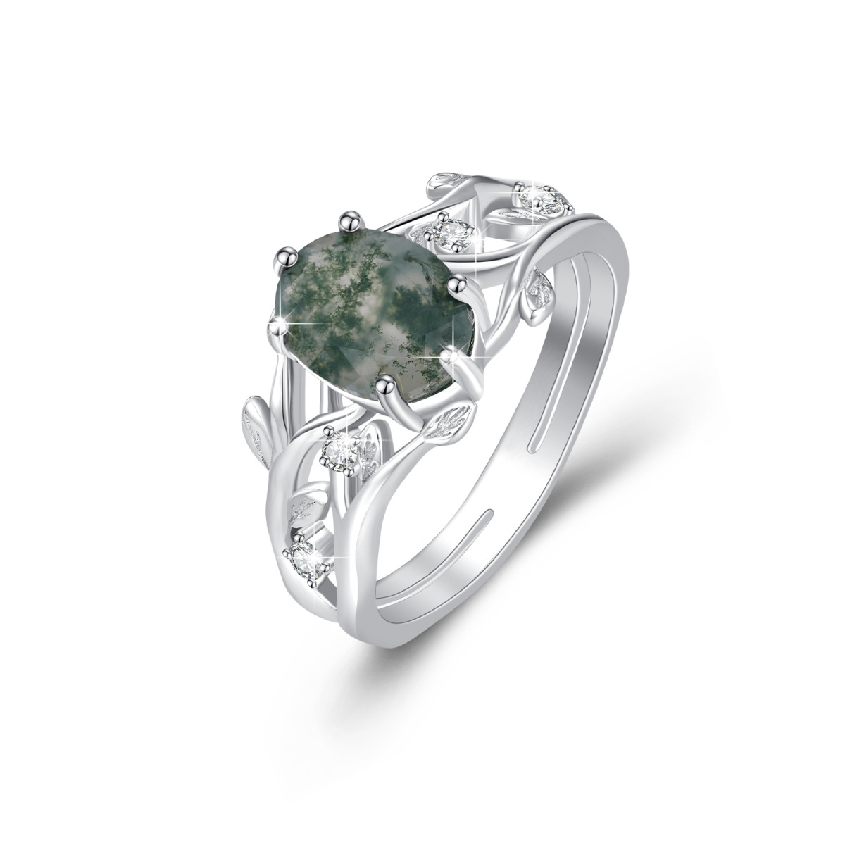 Sterling Silver Moss Agate Personalized Engraving Leaves Oval Engagement Ring for Women-1