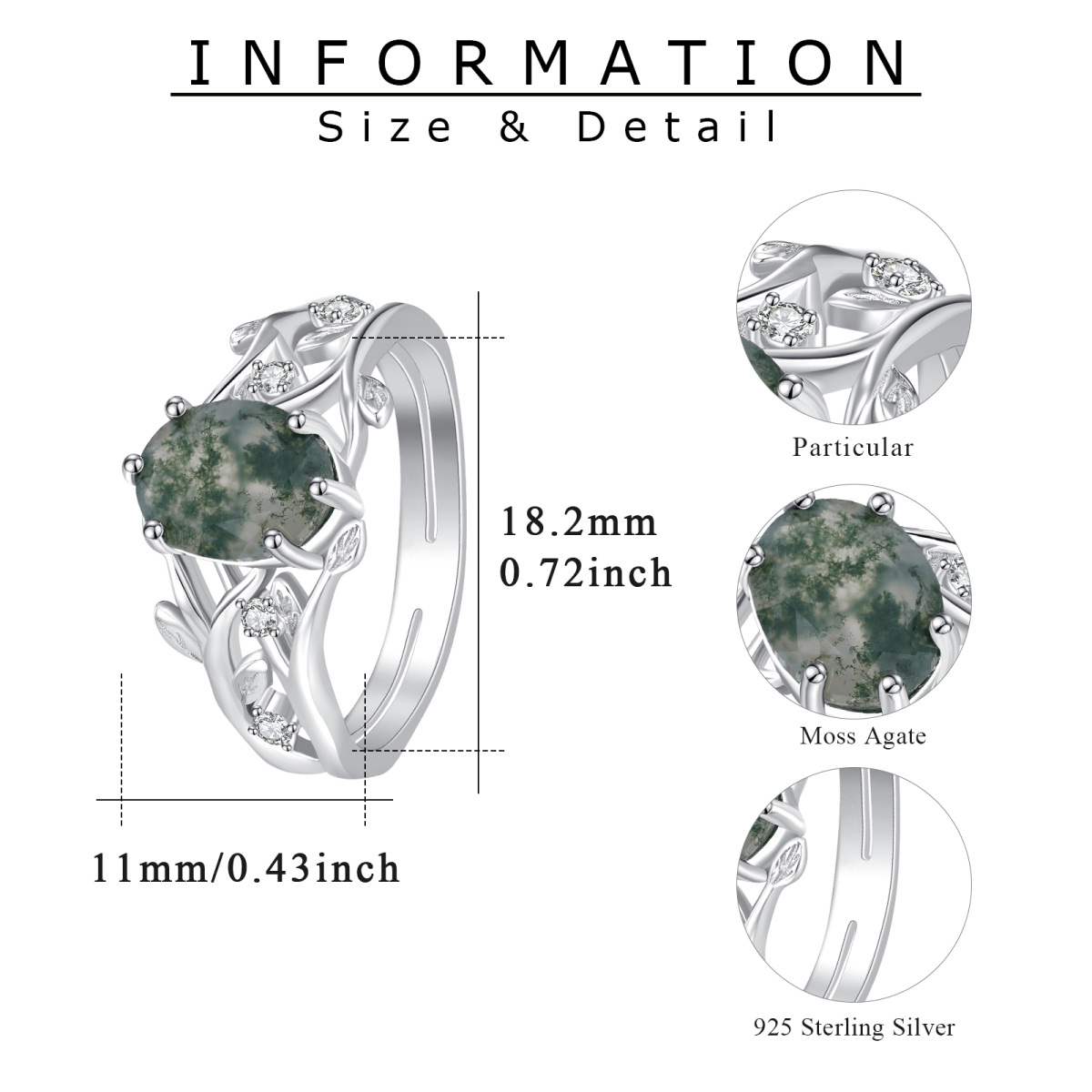 Sterling Silver Moss Agate Personalized Engraving Leaves Oval Engagement Ring for Women-5