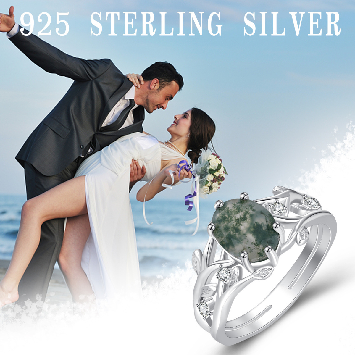 Sterling Silver Moss Agate Personalized Engraving Leaves Oval Engagement Ring for Women-6