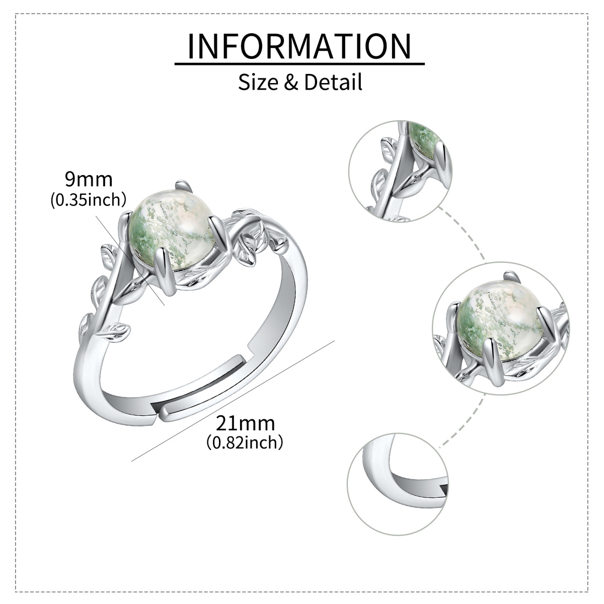 Sterling Silver Moss Agate Personalized Engraving Leaves Round Engagement Ring for Women-5