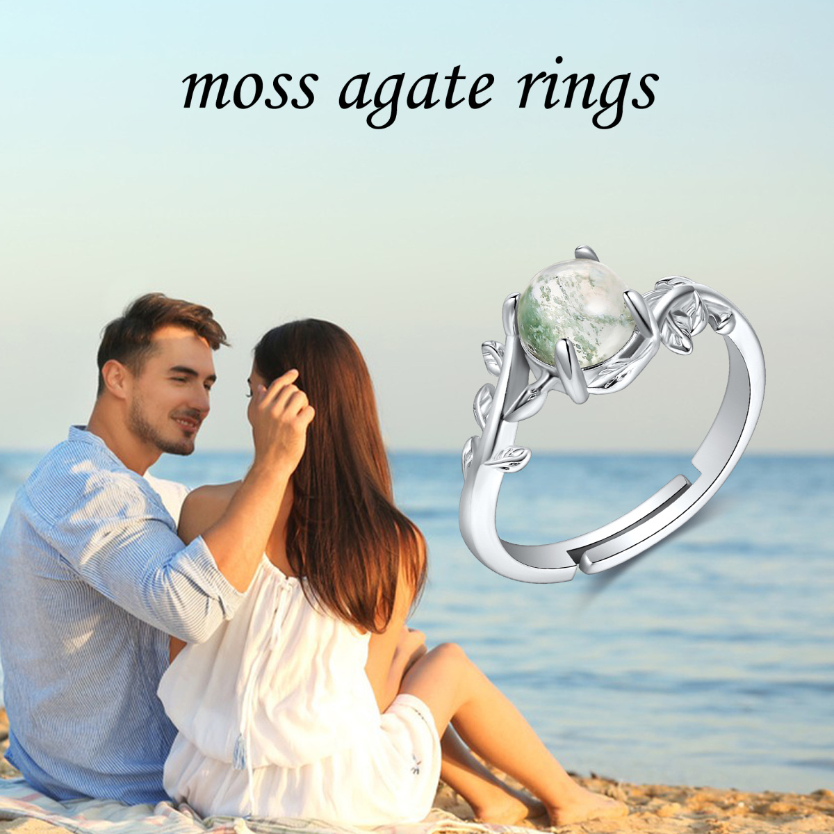 Sterling Silver Moss Agate Personalized Engraving Leaves Round Engagement Ring for Women-6