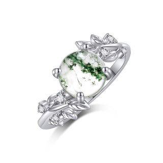 Sterling Silver Moss Agate Personalized Engraving Leaves Round Engagement Ring for Women-11