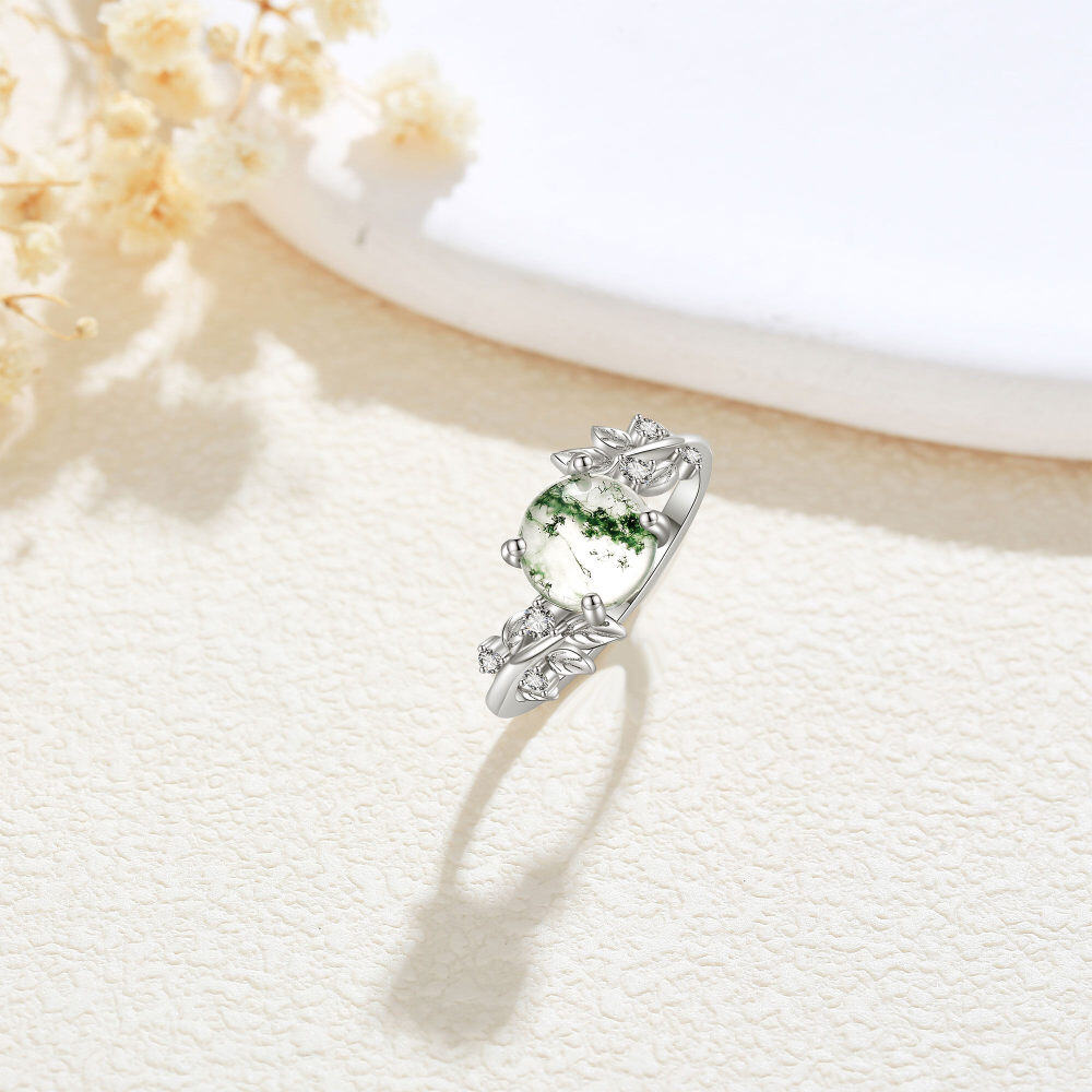Sterling Silver Moss Agate Personalized Engraving Leaves Round Engagement Ring for Women-3