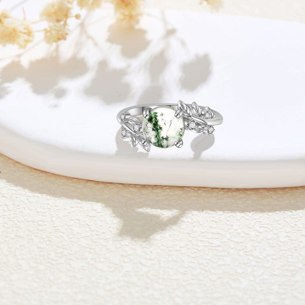 Sterling Silver Moss Agate Personalized Engraving Leaves Round Engagement Ring for Women-4