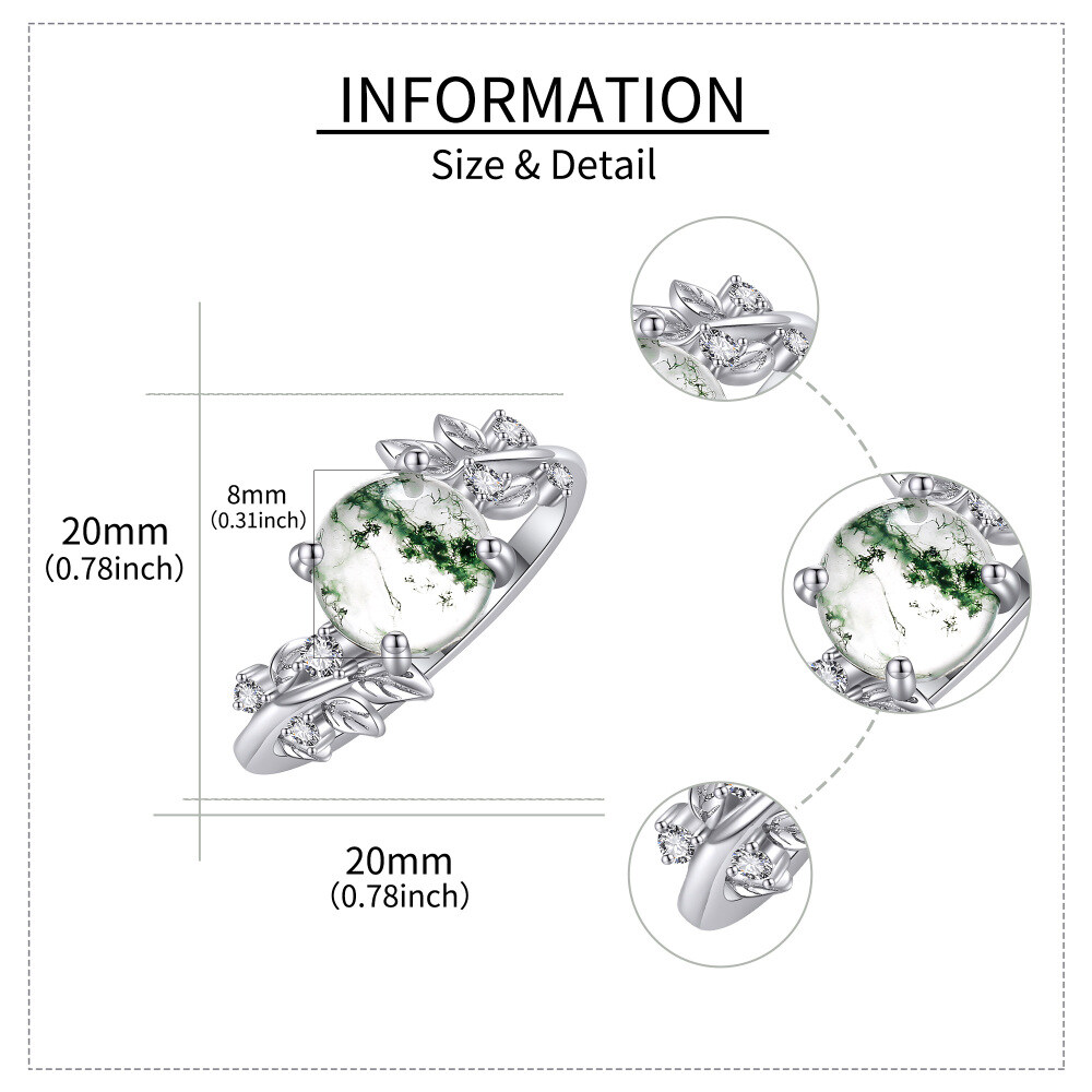 Sterling Silver Moss Agate Personalized Engraving Leaves Round Engagement Ring for Women-5