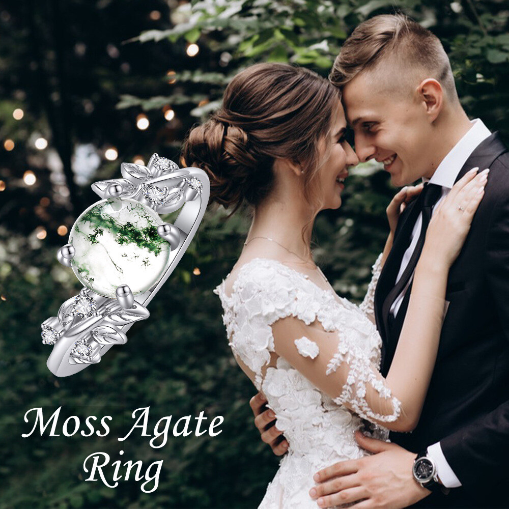 Sterling Silver Moss Agate Personalized Engraving Leaves Round Engagement Ring for Women-6