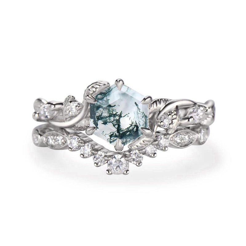 Sterling Silver Moss Agate Personalized Engraving Stackable Ring-11