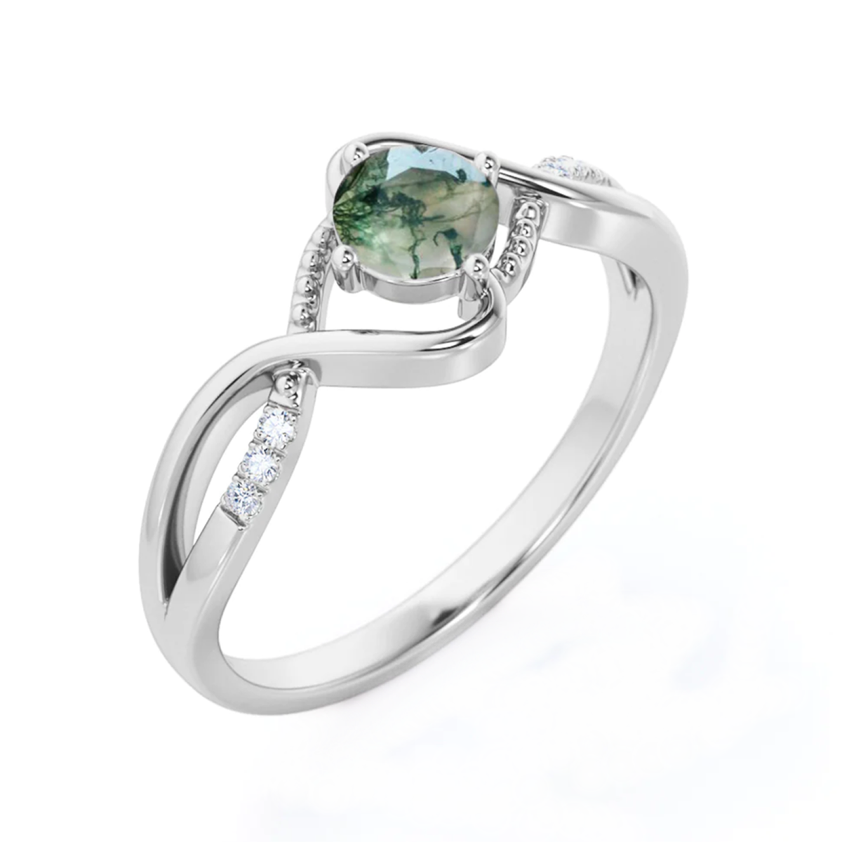 Sterling Silver Moss Agate Round Engagement Ring-4