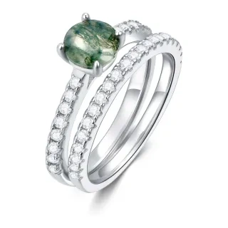 Sterling Silver Moss Agate Round Engagement Ring-26