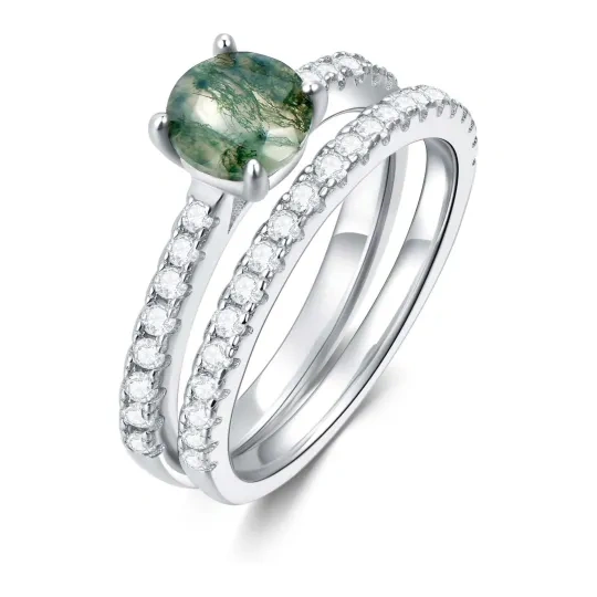 Sterling Silver Moss Agate Round Engagement Ring