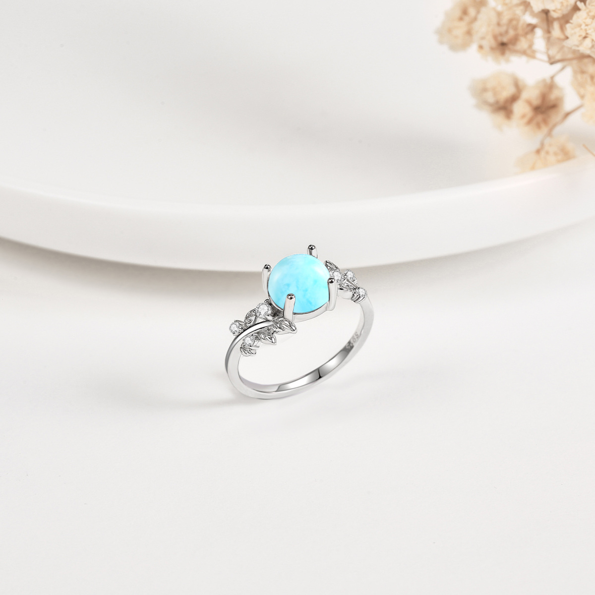 Verlobungsring aus Sterlingsilber mit Moosachat und rundem Larimar-Stein-4