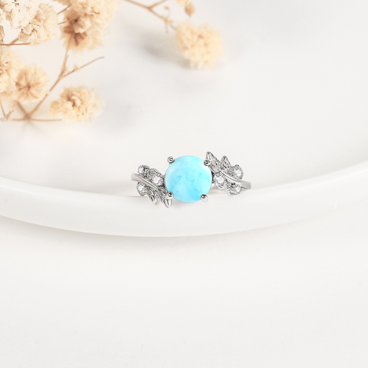 Verlobungsring aus Sterlingsilber mit Moosachat und rundem Larimar-Stein-5