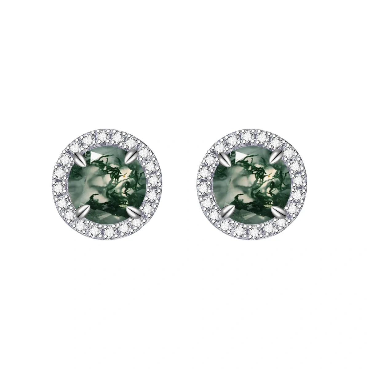 Sterling Silver Moss Agate Round Stud Earrings-1