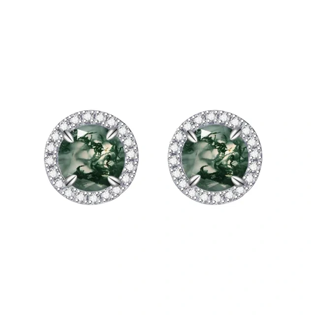 Sterling Silver Moss Agate Round Stud Earrings-2