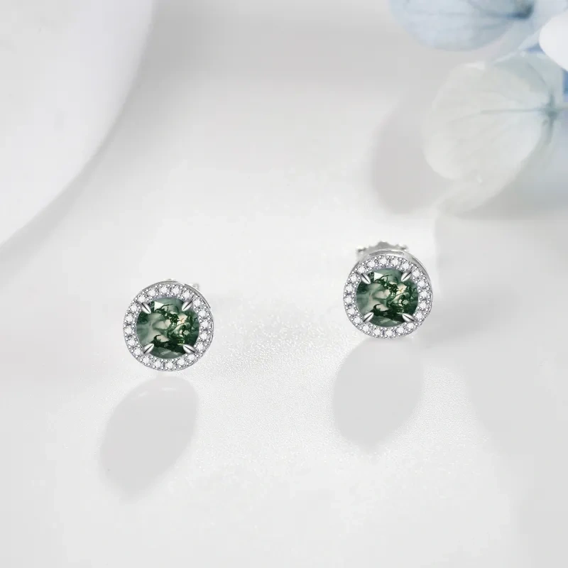 Sterling Silver Moss Agate Round Stud Earrings-3