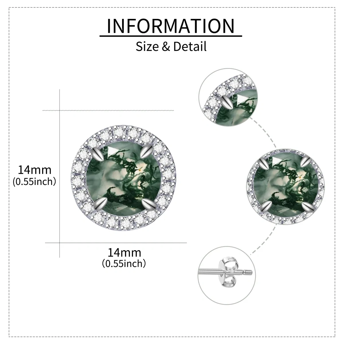 Sterling Silver Moss Agate Round Stud Earrings-5