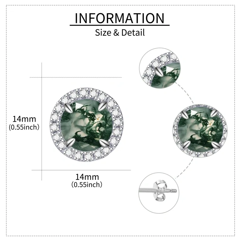 Sterling Silver Moss Agate Round Stud Earrings-5