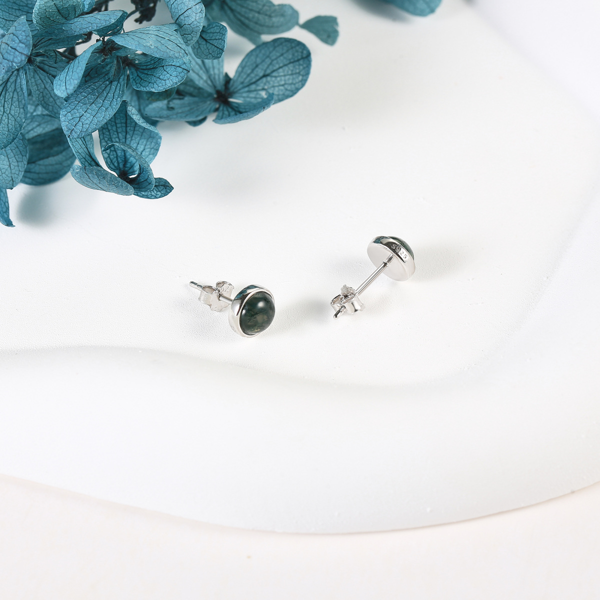 Sterling Silver Moss Agate Round Stud Earrings-4