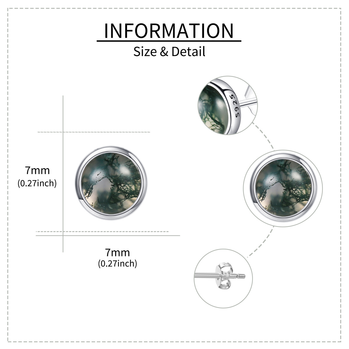 Sterling Silver Moss Agate Round Stud Earrings-5