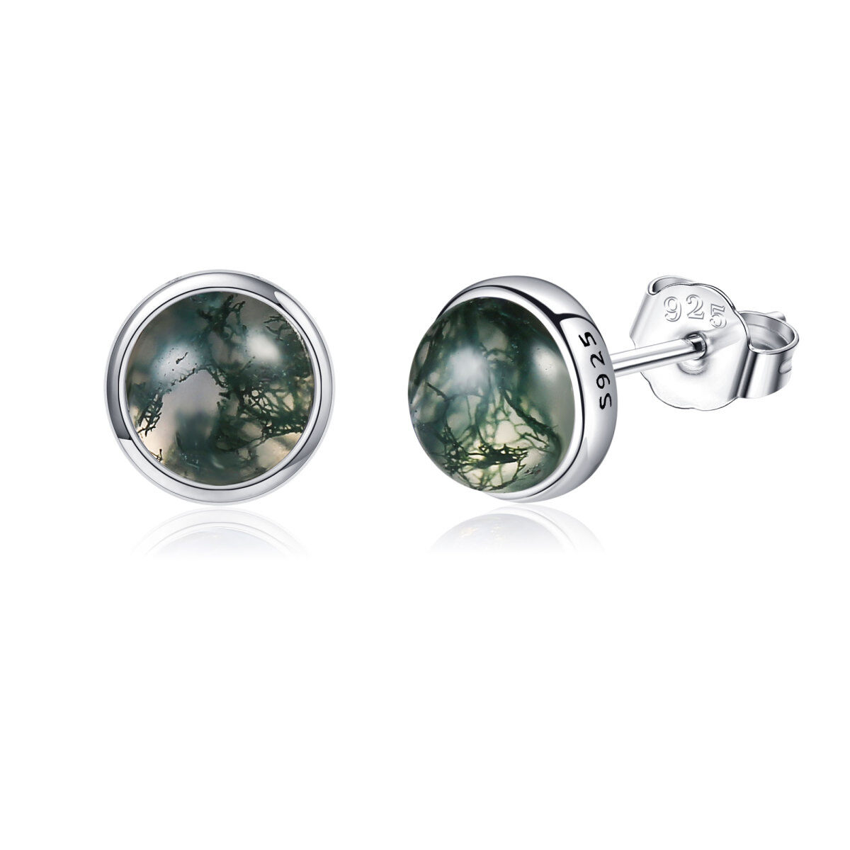 Sterling Silver Moss Agate Round Stud Earrings-1