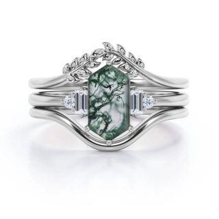 Sterling Silver Moss Agate Square Engagement Ring-22