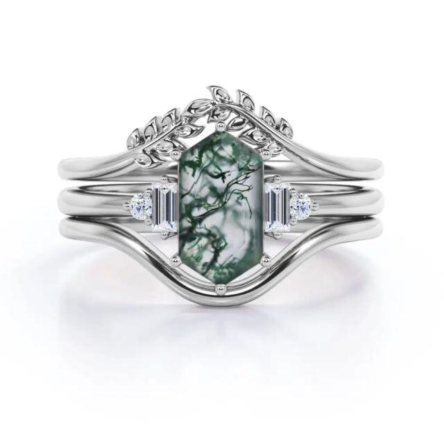 Sterling Silver Moss Agate Square Engagement Ring-1