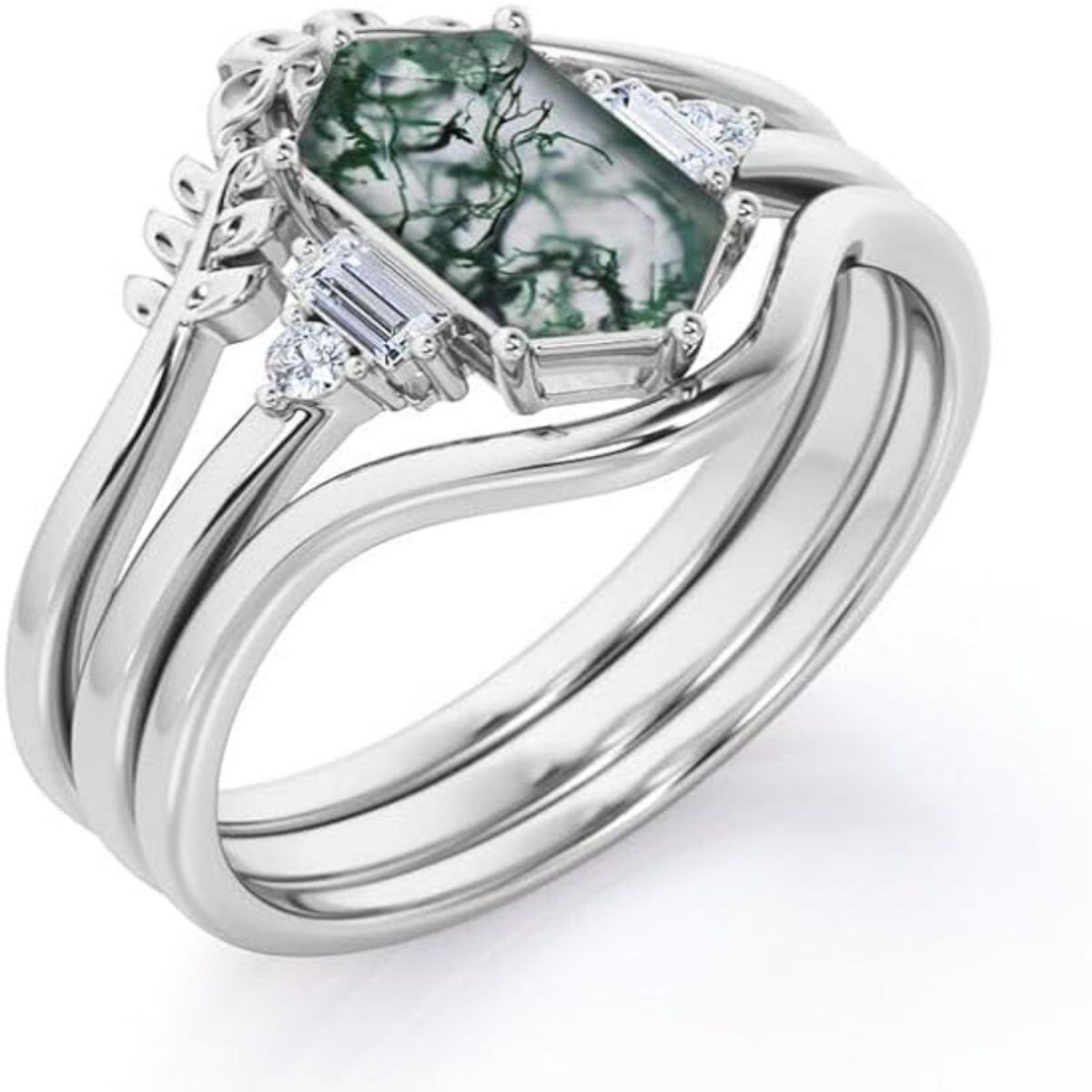 Sterling Silver Moss Agate Square Engagement Ring-2