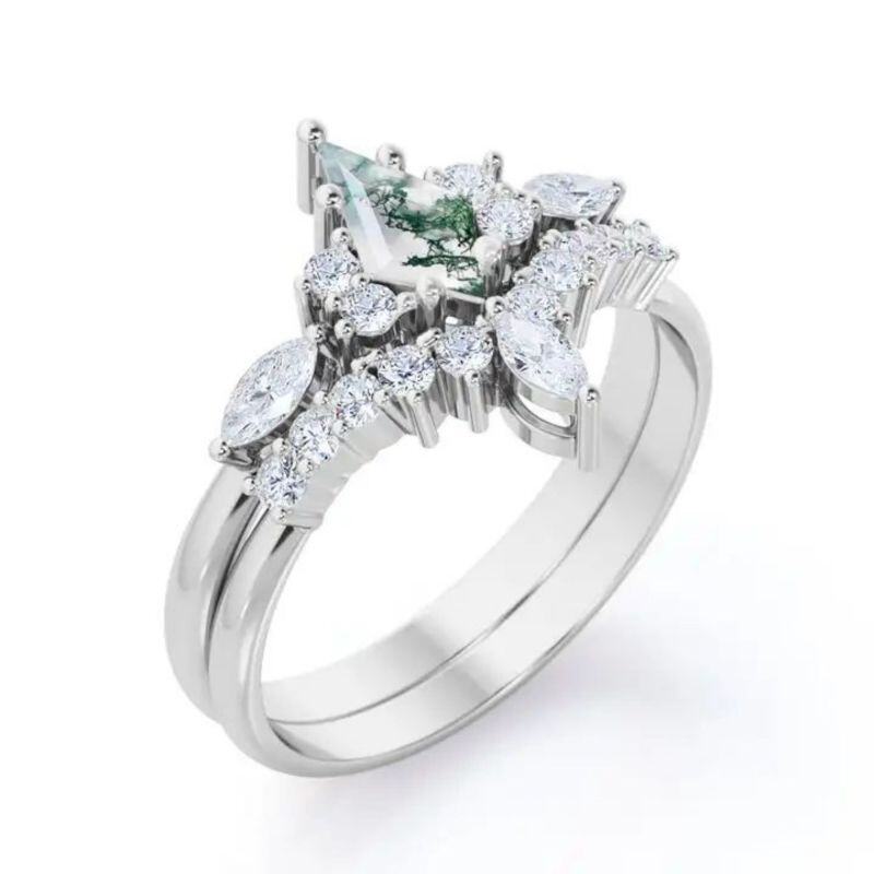 Anel de noivado em ouro branco de 18K com ágata musgo lapidada em forma de pipa-3