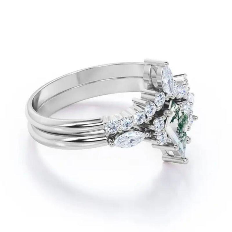 Anel de noivado em ouro branco de 18K com ágata musgo lapidada em forma de pipa-4