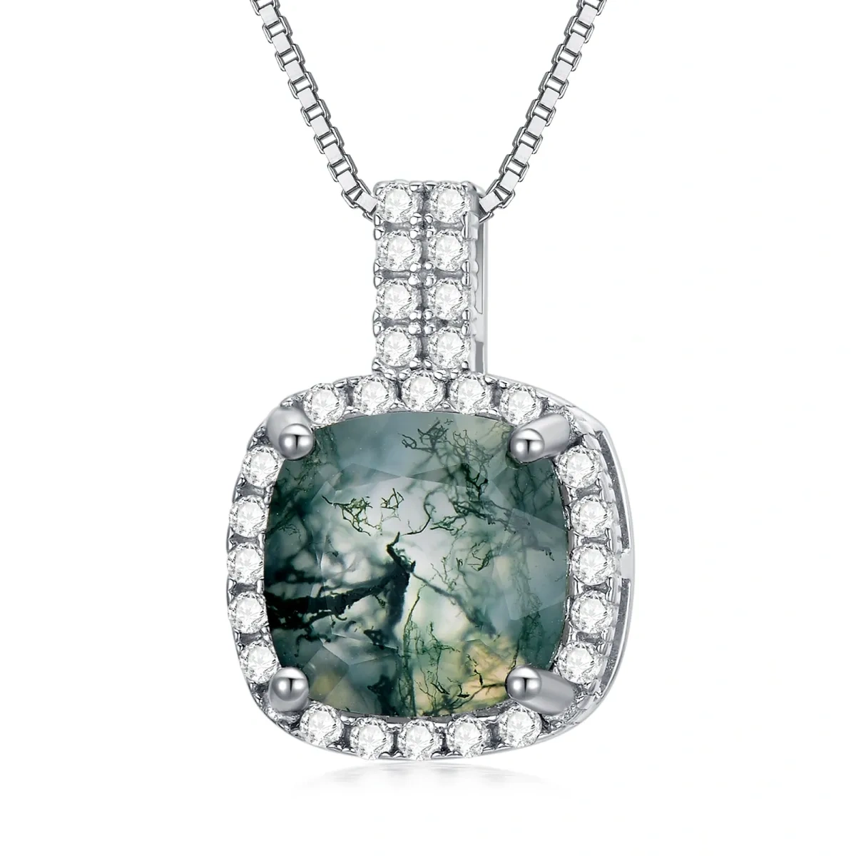 Sterling Silver Cubic Zirconia & Moss Agate Square Pendant Necklace-1