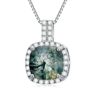 Sterling Silver Cubic Zirconia & Moss Agate Square Pendant Necklace-31