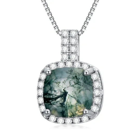 Sterling Silver Cubic Zirconia & Moss Agate Square Pendant Necklace