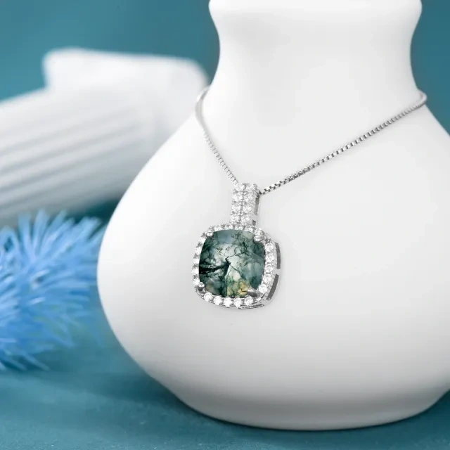 Sterling Silver Cubic Zirconia & Moss Agate Square Pendant Necklace-2