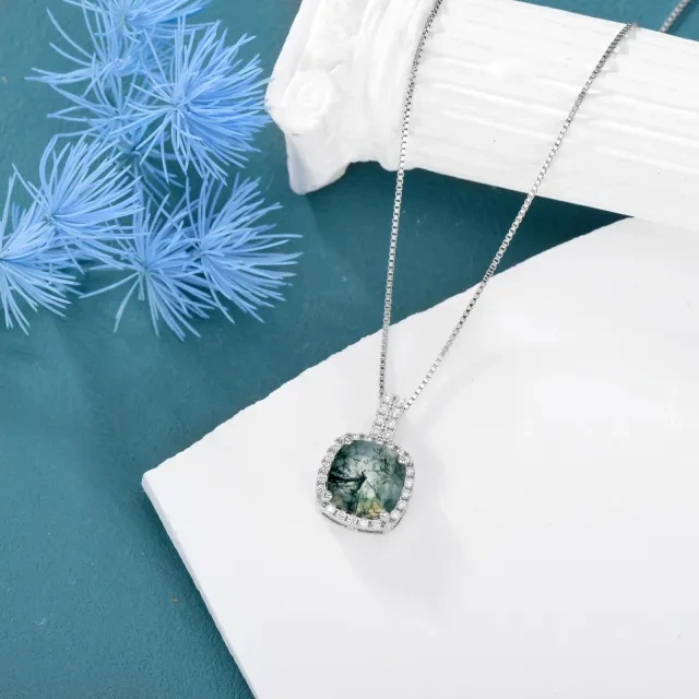 Sterling Silver Cubic Zirconia & Moss Agate Square Pendant Necklace-3