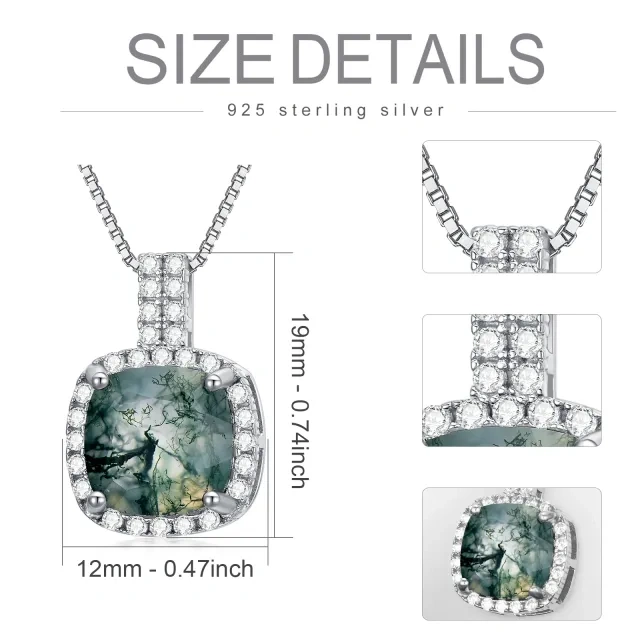 Sterling Silver Cubic Zirconia & Moss Agate Square Pendant Necklace-4