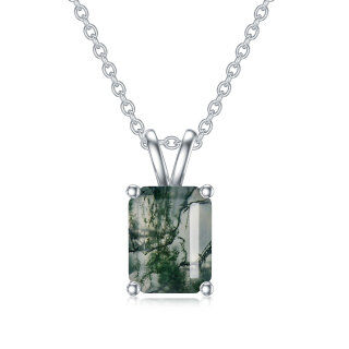 Sterling Silver Moss Agate Square Pendant Necklace-19